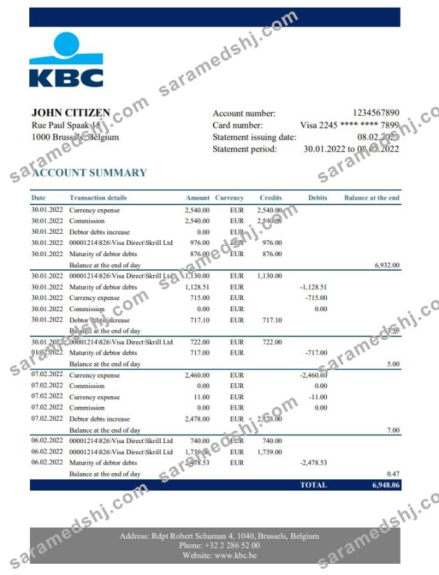 Belgium KBC bank statement
